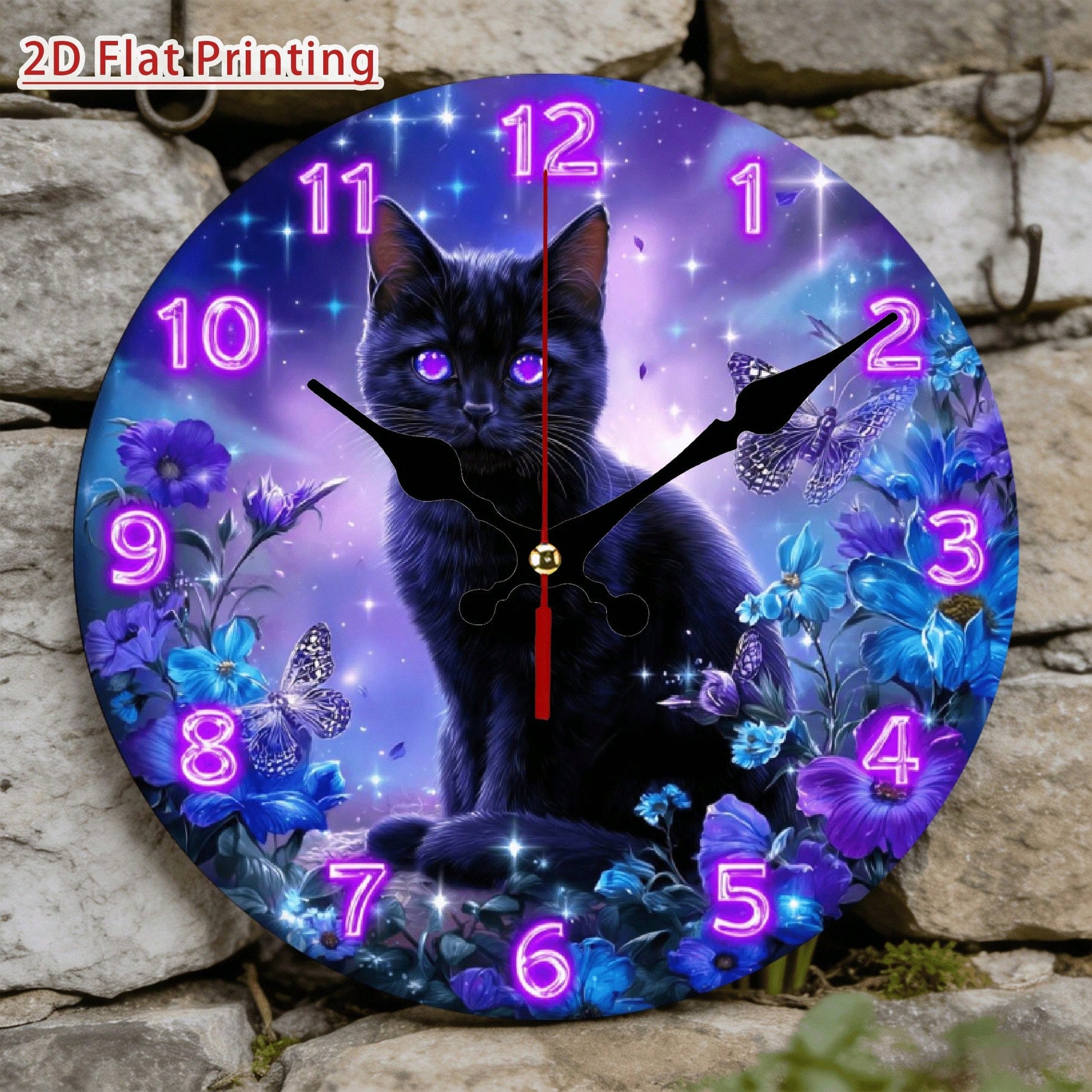1Pc 2D Flat Mystical Purple Eye Black Cat Magic Print Wall Clock, 12Inch Silent Quartz Wooden Round Clock For Home Bedroom Hallway