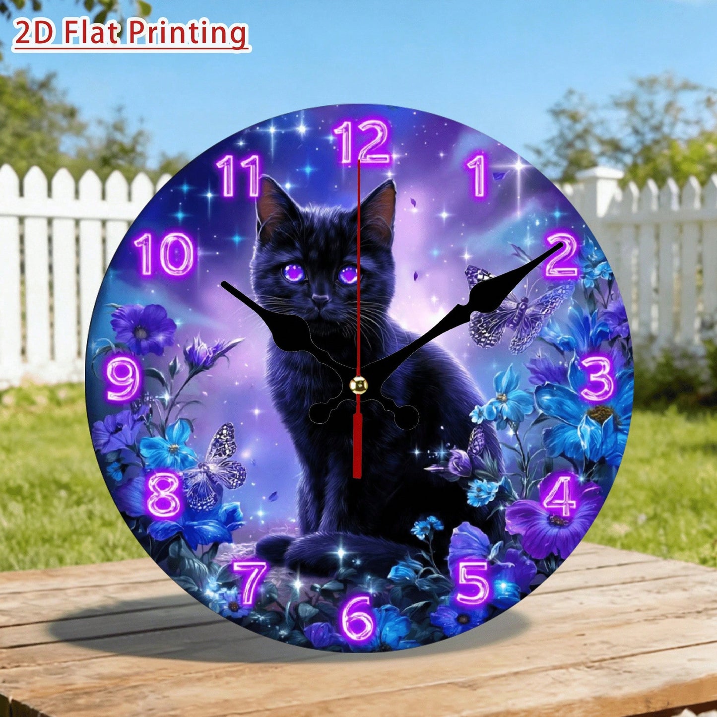 1Pc 2D Flat Mystical Purple Eye Black Cat Magic Print Wall Clock, 12Inch Silent Quartz Wooden Round Clock For Home Bedroom Hallway