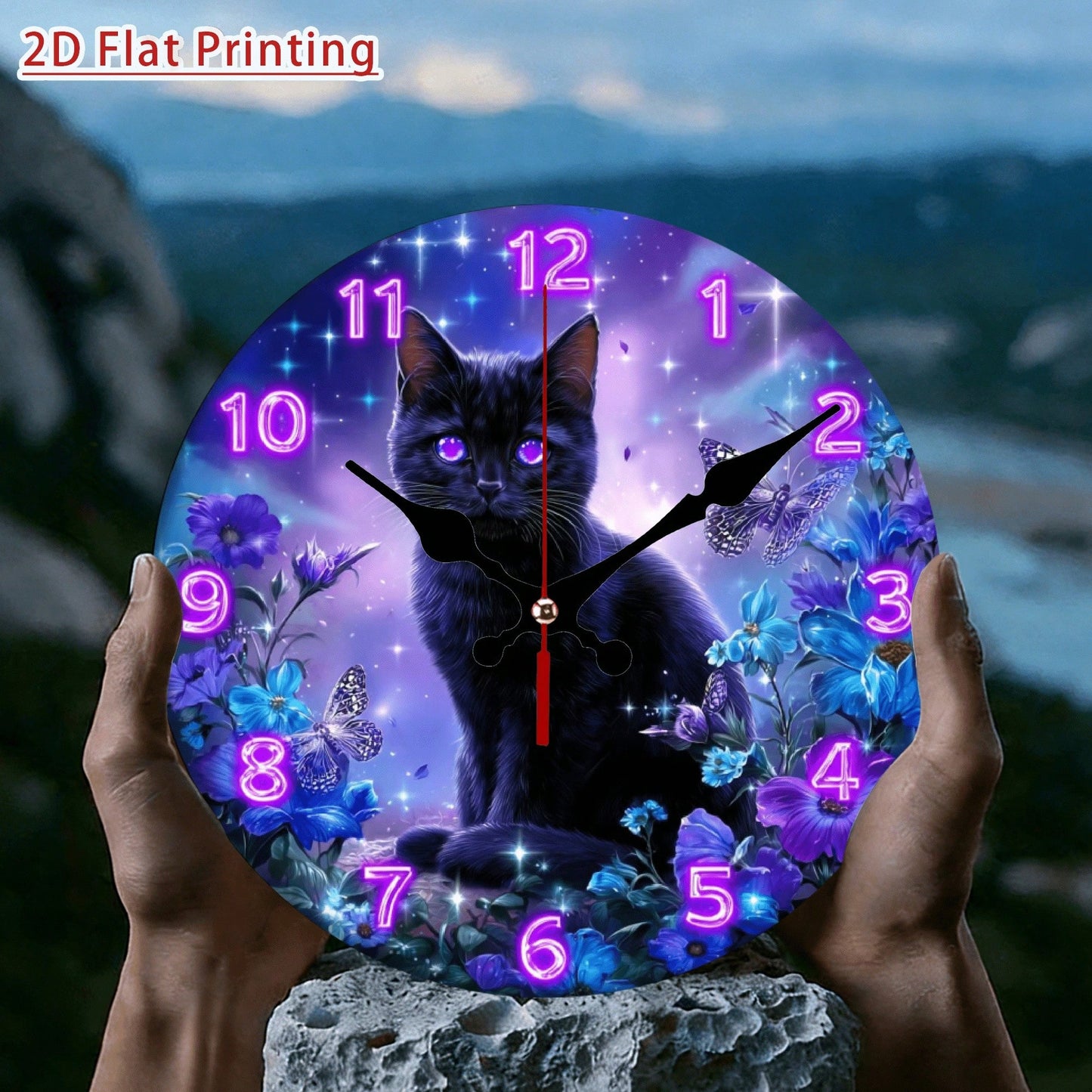 1Pc 2D Flat Mystical Purple Eye Black Cat Magic Print Wall Clock, 12Inch Silent Quartz Wooden Round Clock For Home Bedroom Hallway