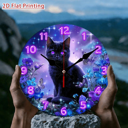 1Pc 2D Flat Mystical Purple Eye Black Cat Magic Print Wall Clock, 12Inch Silent Quartz Wooden Round Clock For Home Bedroom Hallway