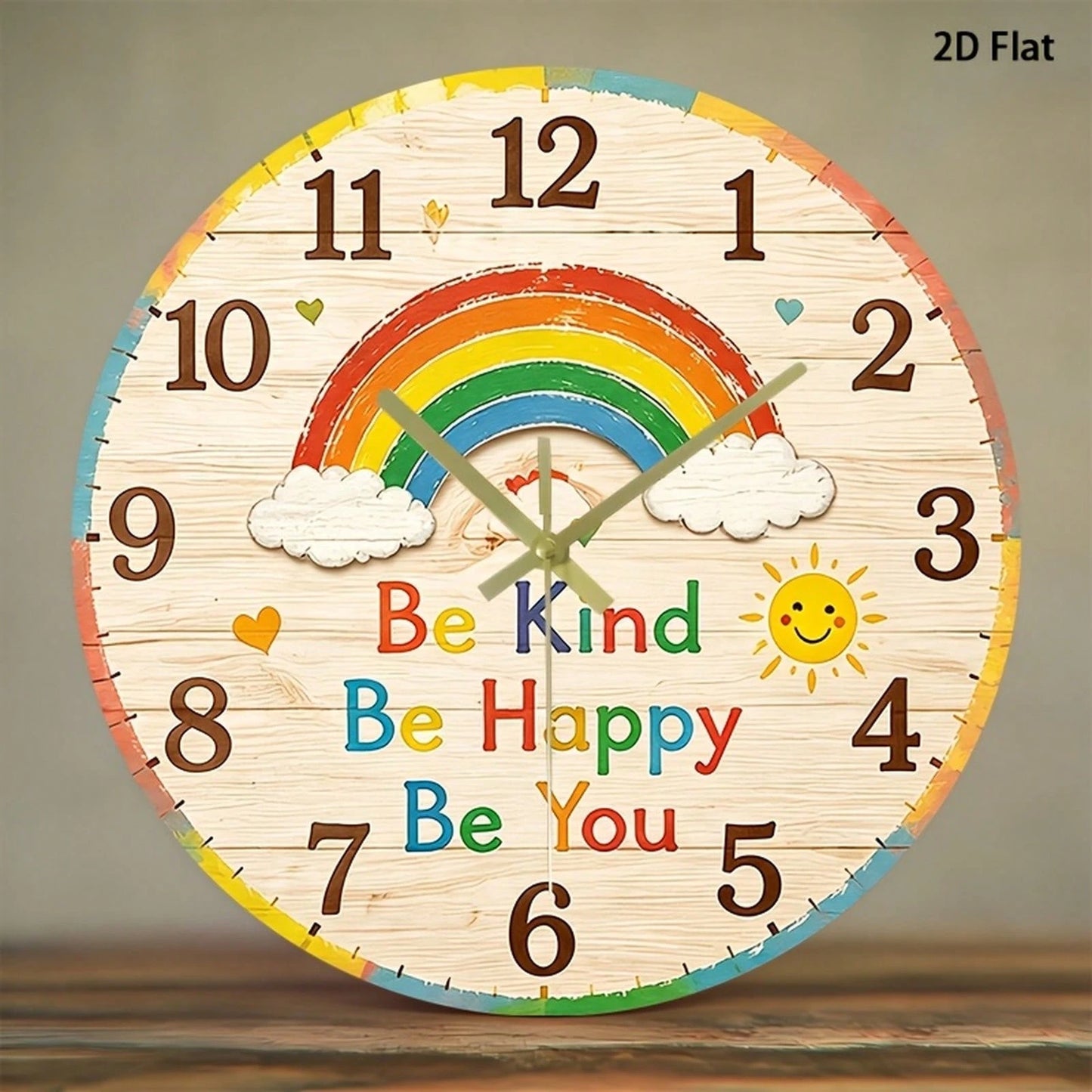 1Pc 2D Flat Rainbow Face Print Wall Clock, 12Inch Silent Wooden Round Clock For Nursery Kitchen Classroom Office, Cute Home Decor Gift