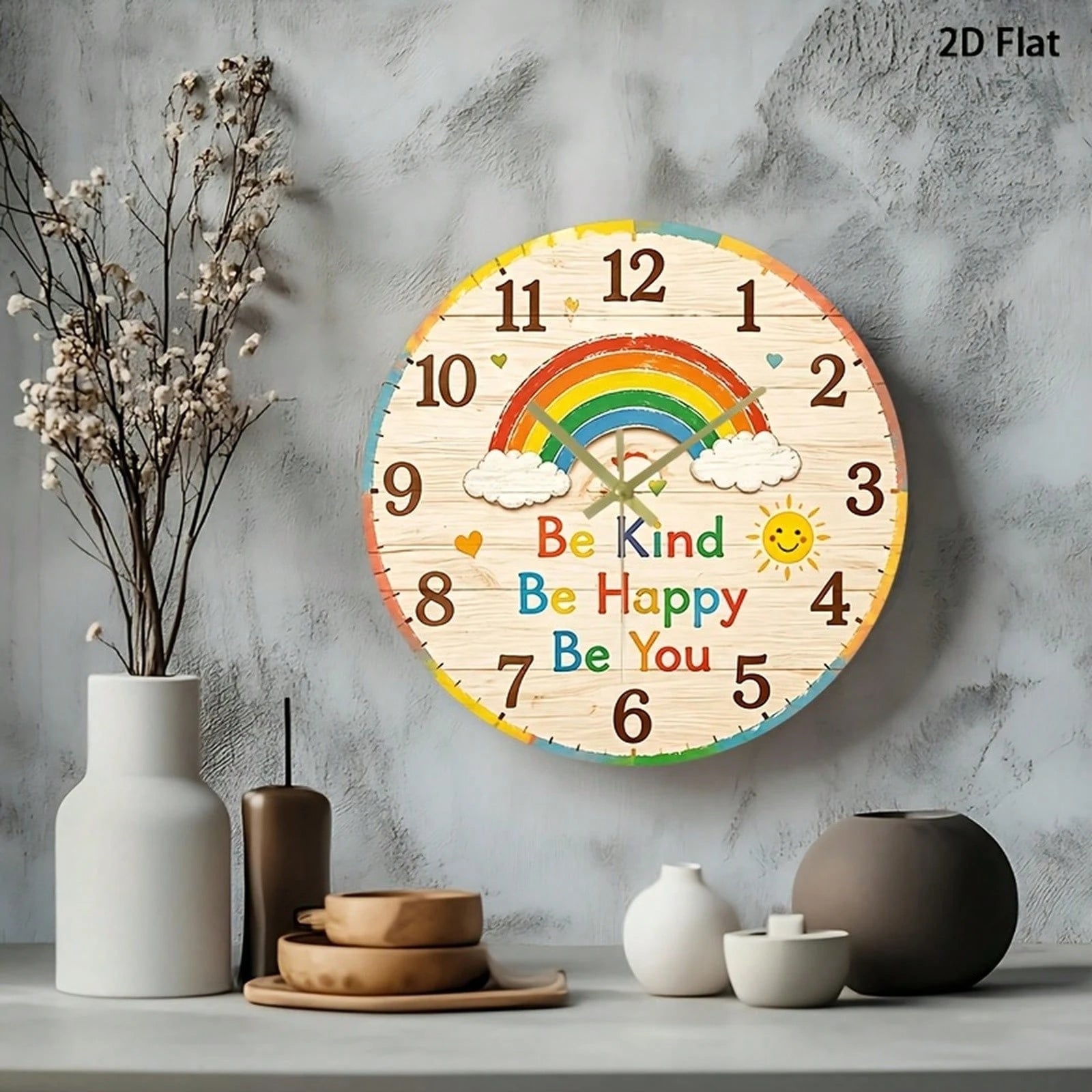 1Pc 2D Flat Rainbow Face Print Wall Clock, 12Inch Silent Wooden Round Clock For Nursery Kitchen Classroom Office, Cute Home Decor Gift