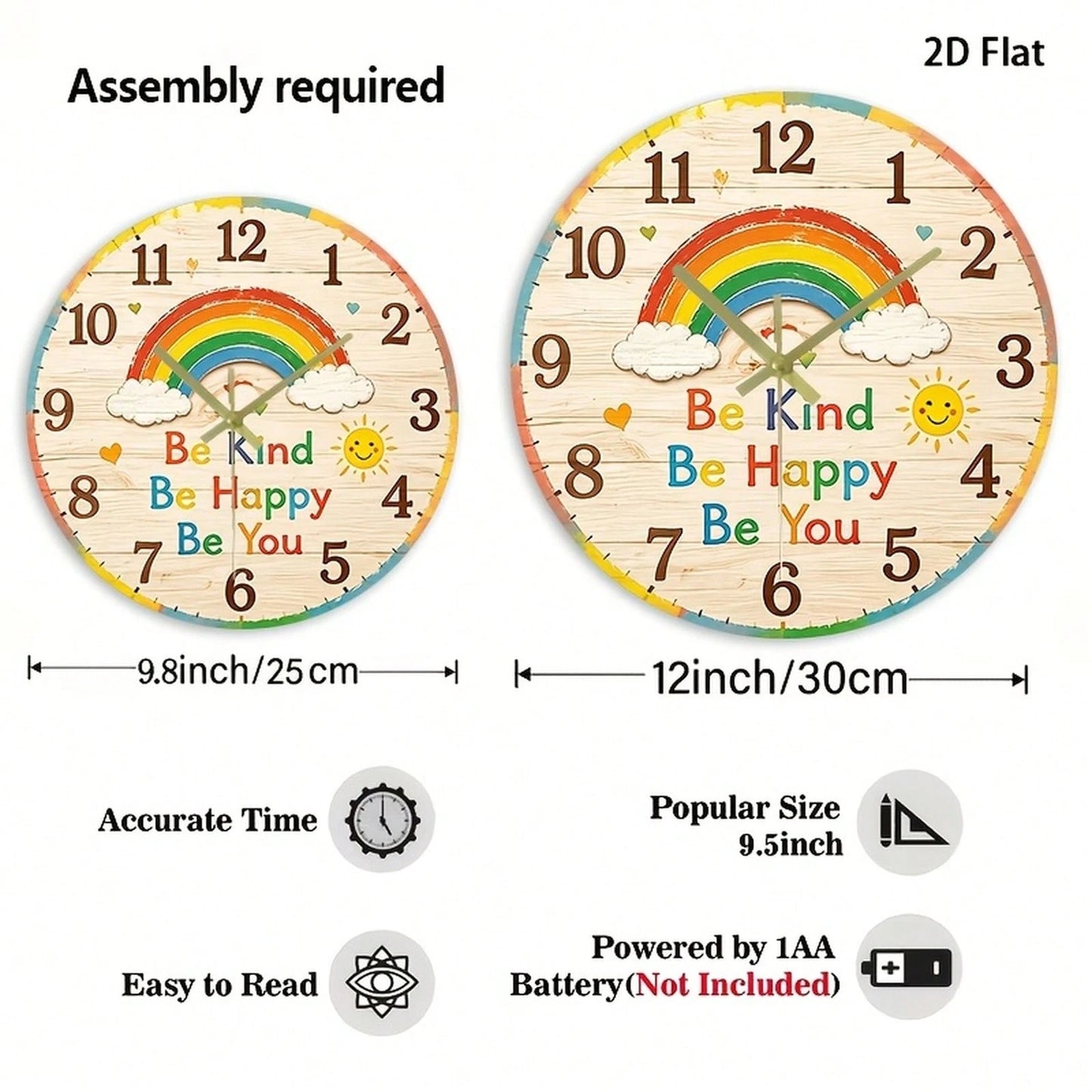 1Pc 2D Flat Rainbow Face Print Wall Clock, 12Inch Silent Wooden Round Clock For Nursery Kitchen Classroom Office, Cute Home Decor Gift