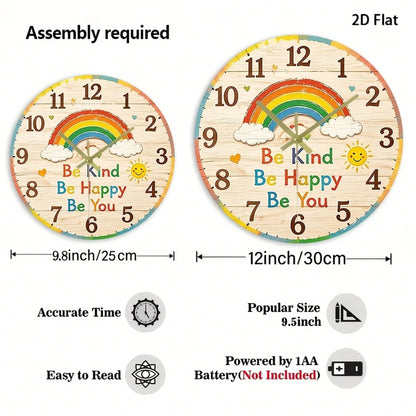 1Pc 2D Flat Rainbow Face Print Wall Clock, 12Inch Silent Wooden Round Clock For Nursery Kitchen Classroom Office, Cute Home Decor Gift