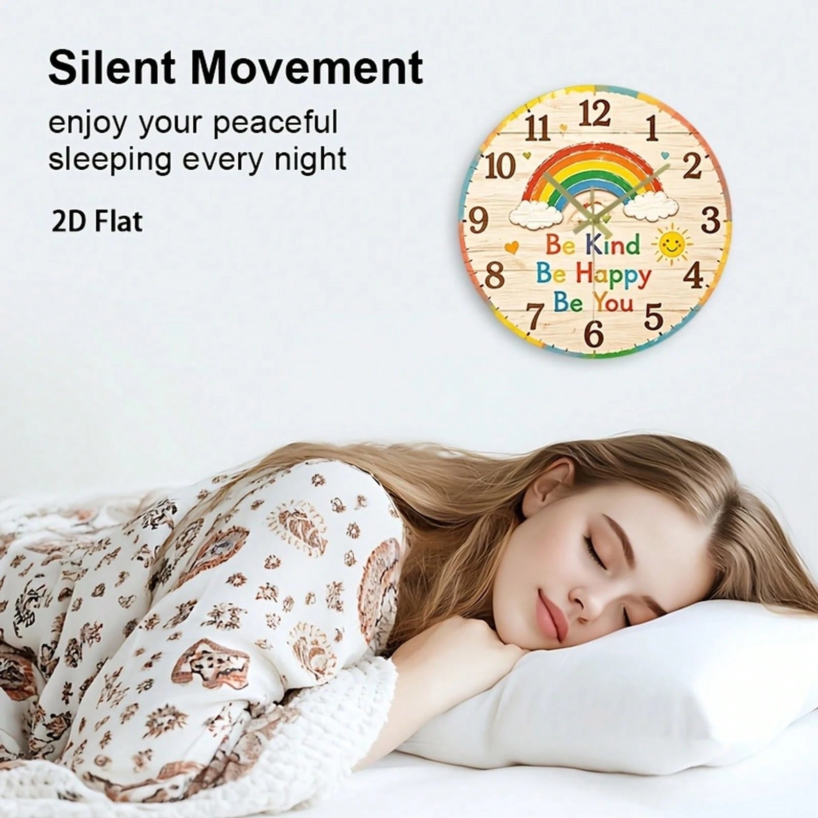 1Pc 2D Flat Rainbow Face Print Wall Clock, 12Inch Silent Wooden Round Clock For Nursery Kitchen Classroom Office, Cute Home Decor Gift