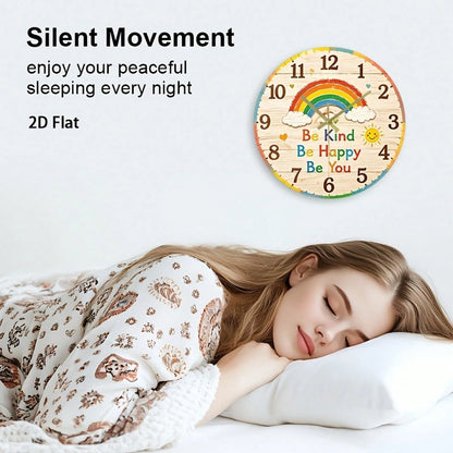 1Pc 2D Flat Rainbow Face Print Wall Clock, 12Inch Silent Wooden Round Clock For Nursery Kitchen Classroom Office, Cute Home Decor Gift