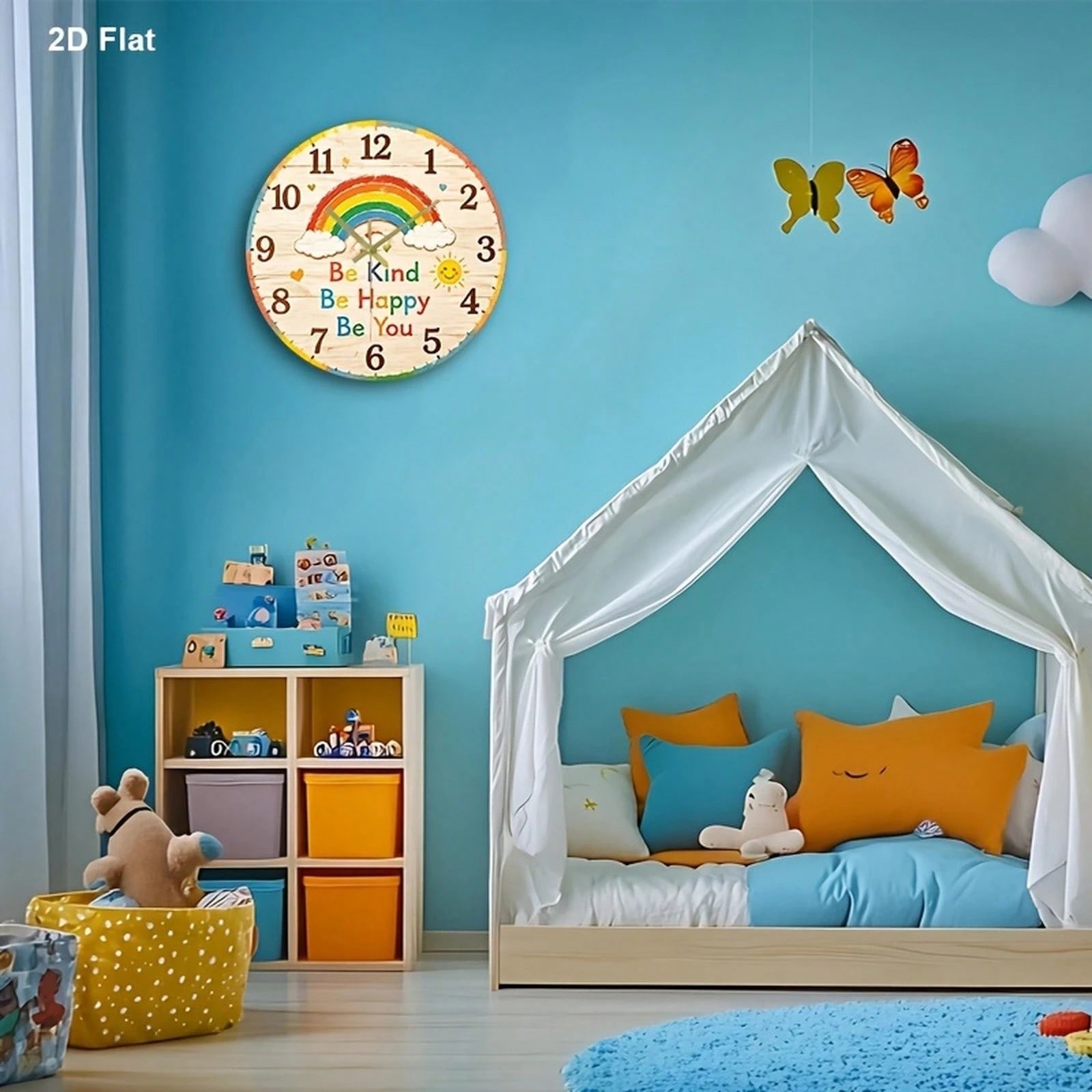 1Pc 2D Flat Rainbow Face Print Wall Clock, 12Inch Silent Wooden Round Clock For Nursery Kitchen Classroom Office, Cute Home Decor Gift
