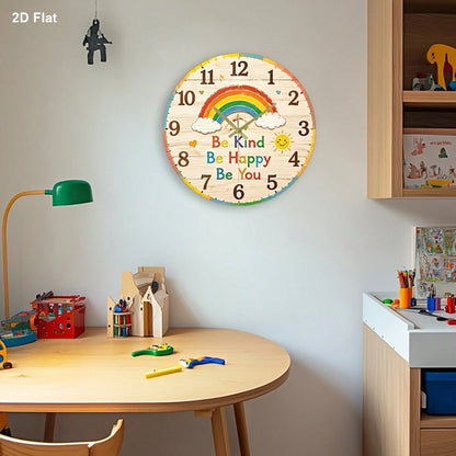 1Pc 2D Flat Rainbow Face Print Wall Clock, 12Inch Silent Wooden Round Clock For Nursery Kitchen Classroom Office, Cute Home Decor Gift