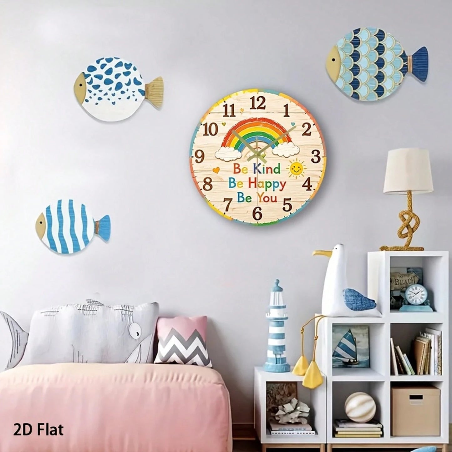 1Pc 2D Flat Rainbow Face Print Wall Clock, 12Inch Silent Wooden Round Clock For Nursery Kitchen Classroom Office, Cute Home Decor Gift