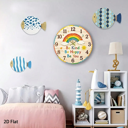 1Pc 2D Flat Rainbow Face Print Wall Clock, 12Inch Silent Wooden Round Clock For Nursery Kitchen Classroom Office, Cute Home Decor Gift