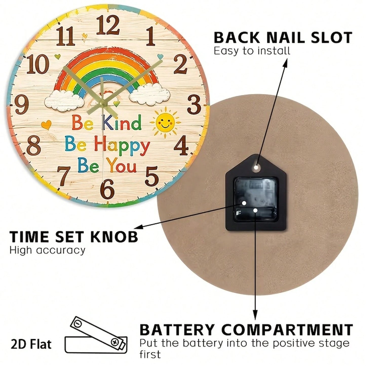 1Pc 2D Flat Rainbow Face Print Wall Clock, 12Inch Silent Wooden Round Clock For Nursery Kitchen Classroom Office, Cute Home Decor Gift