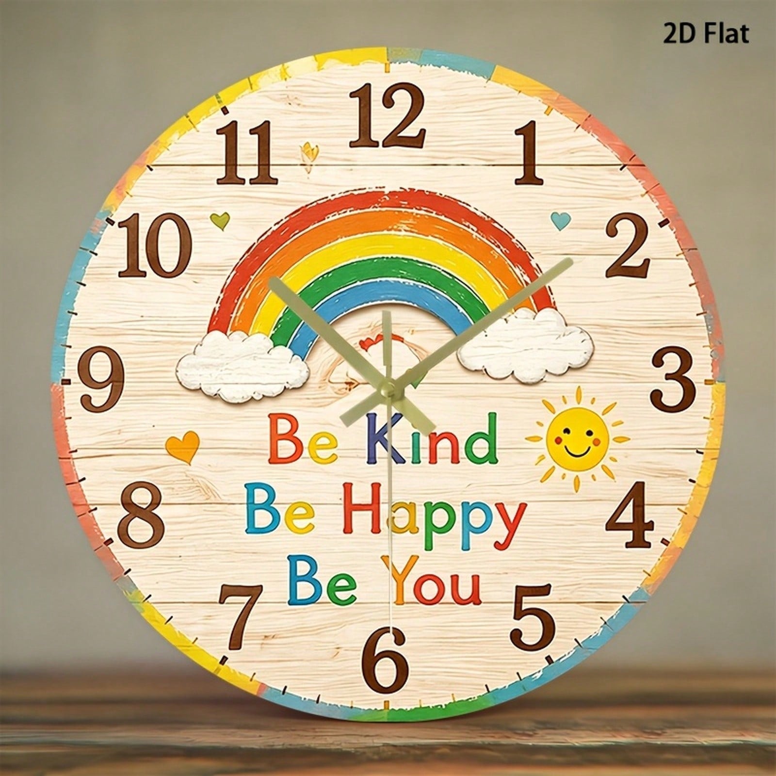 1Pc 2D Flat Rainbow Face Print Wall Clock, 12Inch Silent Wooden Round Clock For Nursery Kitchen Classroom Office, Cute Home Decor Gift