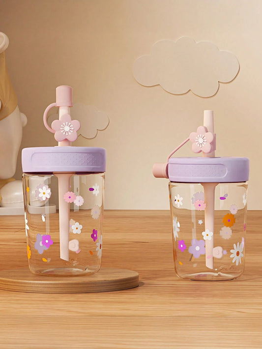 1pc 450ML/480ML Daisy Design Straw Cup For Kids, Fresh Style Student Water Bottle, Dust-Proof, Leak-Proof, Durable And Portable, Suitable For Daily Use