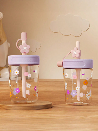 1pc 450ML/480ML Daisy Design Straw Cup For Kids, Fresh Style Student Water Bottle, Dust-Proof, Leak-Proof, Durable And Portable, Suitable For Daily Use