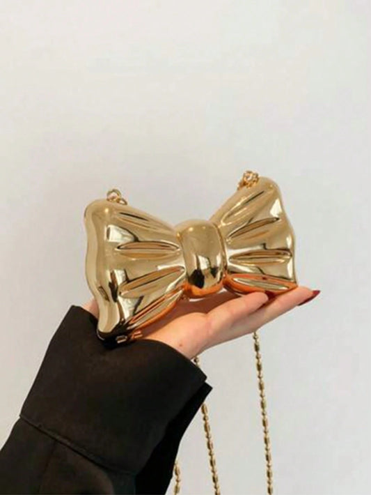 1pc Acrylic Plated Metal Bowknot Mini Evening Bag, Decorative Versatile Women's Fashion Chain Lipstick Bag, Jewelry Earphone Makeup Box Gift For Ladies, Suitable For Valentine's Day, Parties, Dates, S