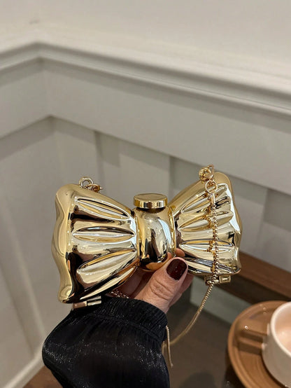1pc Acrylic Plated Metal Bowknot Mini Evening Bag, Decorative Versatile Women's Fashion Chain Lipstick Bag, Jewelry Earphone Makeup Box Gift For Ladies, Suitable For Valentine's Day, Parties, Dates, S
