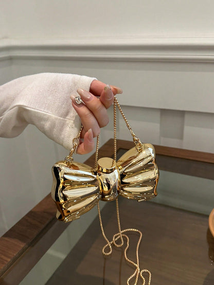 1pc Acrylic Plated Metal Bowknot Mini Evening Bag, Decorative Versatile Women's Fashion Chain Lipstick Bag, Jewelry Earphone Makeup Box Gift For Ladies, Suitable For Valentine's Day, Parties, Dates, S