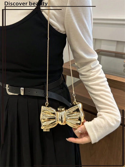1pc Acrylic Plated Metal Bowknot Mini Evening Bag, Decorative Versatile Women's Fashion Chain Lipstick Bag, Jewelry Earphone Makeup Box Gift For Ladies, Suitable For Valentine's Day, Parties, Dates, S