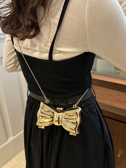 1pc Acrylic Plated Metal Bowknot Mini Evening Bag, Decorative Versatile Women's Fashion Chain Lipstick Bag, Jewelry Earphone Makeup Box Gift For Ladies, Suitable For Valentine's Day, Parties, Dates, S