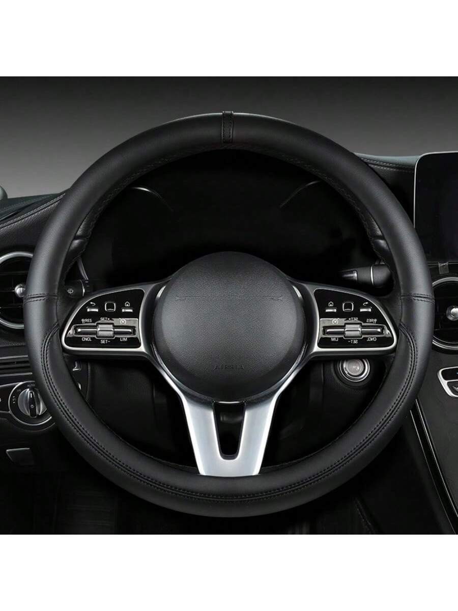 1pc All-Season Napa Leather Steering Wheel Cover, Black, Diameter 38CM, Round/D-Shaped, Fits 14.5-15 Inch Steering Wheel