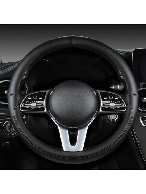 1pc All-Season Napa Leather Steering Wheel Cover, Black, Diameter 38CM, Round/D-Shaped, Fits 14.5-15 Inch Steering Wheel