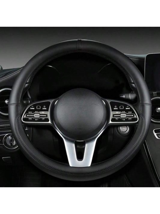 1pc All-Season Napa Leather Steering Wheel Cover, Black, Diameter 38CM, Round/D-Shaped, Fits 14.5-15 Inch Steering Wheel