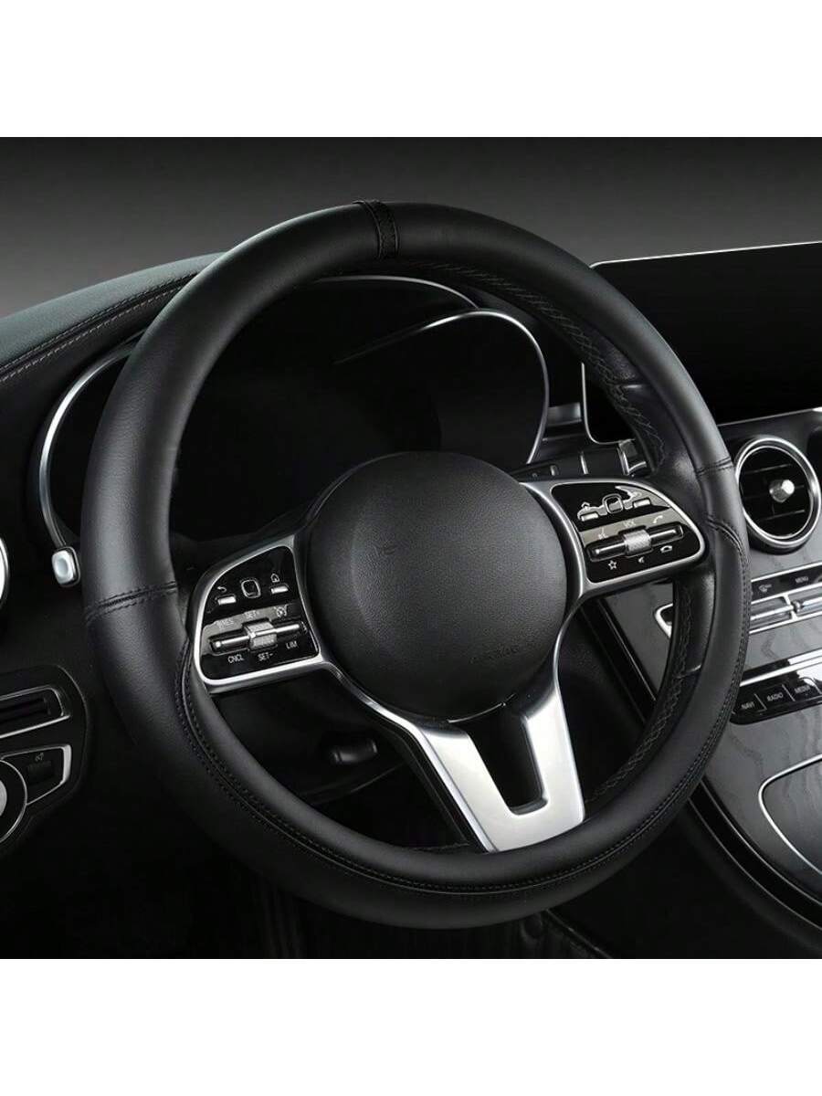 1pc All-Season Napa Leather Steering Wheel Cover, Black, Diameter 38CM, Round/D-Shaped, Fits 14.5-15 Inch Steering Wheel