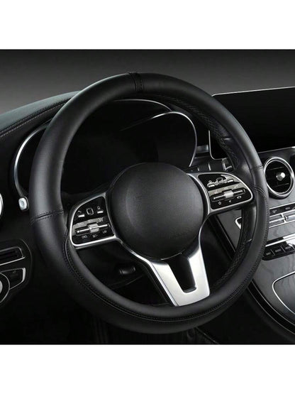 1pc All-Season Napa Leather Steering Wheel Cover, Black, Diameter 38CM, Round/D-Shaped, Fits 14.5-15 Inch Steering Wheel