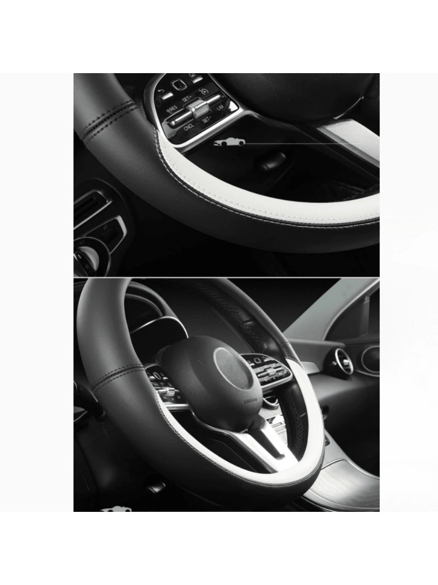 1pc All-Season Napa Leather Steering Wheel Cover, Black, Diameter 38CM, Round/D-Shaped, Fits 14.5-15 Inch Steering Wheel