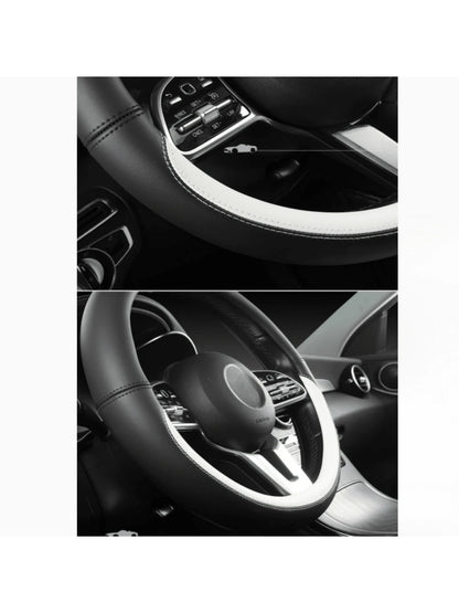 1pc All-Season Napa Leather Steering Wheel Cover, Black, Diameter 38CM, Round/D-Shaped, Fits 14.5-15 Inch Steering Wheel