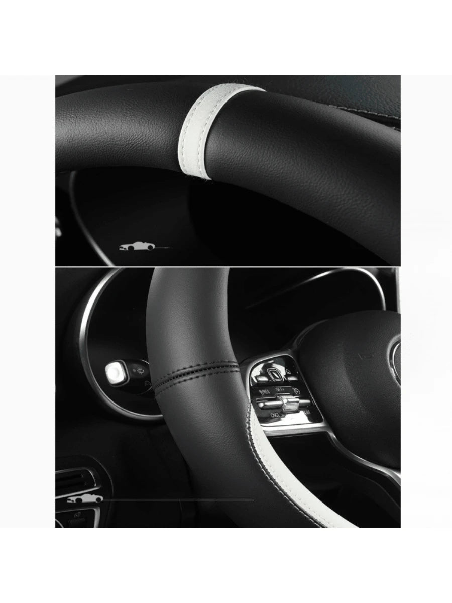 1pc All-Season Napa Leather Steering Wheel Cover, Black, Diameter 38CM, Round/D-Shaped, Fits 14.5-15 Inch Steering Wheel