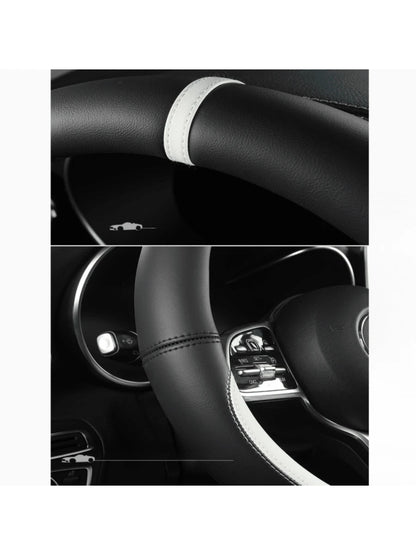 1pc All-Season Napa Leather Steering Wheel Cover, Black, Diameter 38CM, Round/D-Shaped, Fits 14.5-15 Inch Steering Wheel