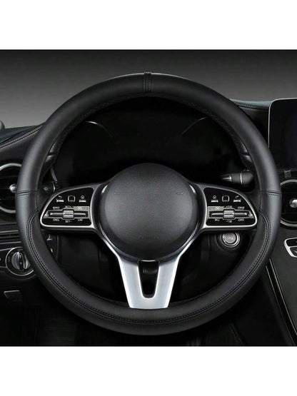 1pc All-Season Napa Leather Steering Wheel Cover, Black, Diameter 38CM, Round/D-Shaped, Fits 14.5-15 Inch Steering Wheel