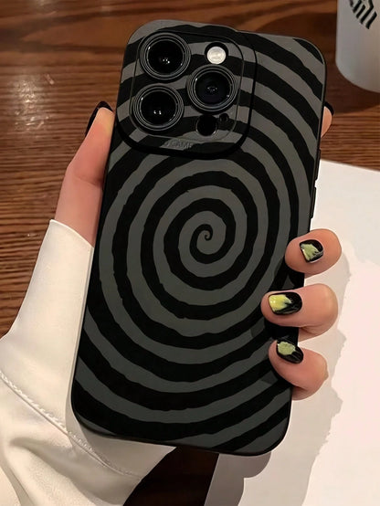 1pc Asymmetrical Ripple Fashion Shockproof TPU Black Spiral Pattern Phone Case Compatible With IPhone Apple 16 15 14 13 12 11 Pro Max And Series Waterproof Anti-Fall Scratch Resistant International Ve