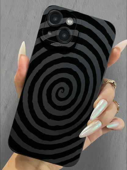 1pc Asymmetrical Ripple Fashion Shockproof TPU Black Spiral Pattern Phone Case Compatible With IPhone Apple 16 15 14 13 12 11 Pro Max And Series Waterproof Anti-Fall Scratch Resistant International Ve