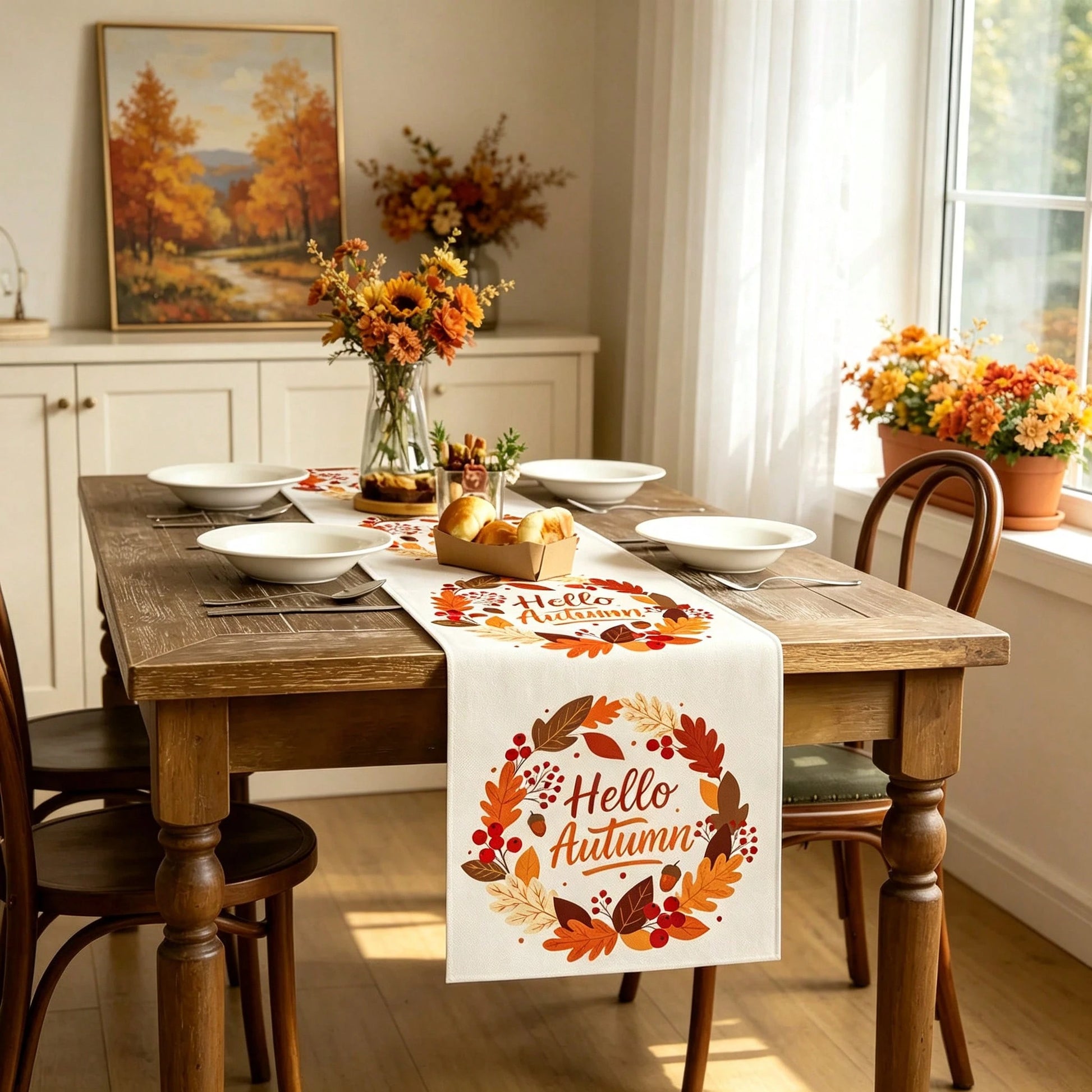 1pc Autumn Table Runner, Modern Style, Home Kitchen Decor, Indoor/Outdoor Party Supplies, Room Decoration. Suitable For Daily Home Kitchen Decor, Daily Party Decor, Autumn Thanksgiving Harvest Festiva