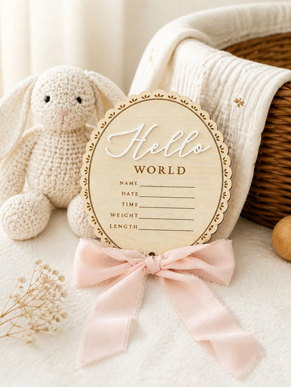 1pc Baby Announcement Sign Wooden Hello World Plaque With Bows Newborn Name Sign Baby Girl&Boy Birth Reveal Gift Baby Essentials Welcome Baby Boy&Girl Baby Photoshoot Pregnancy Essential Baby Accessor