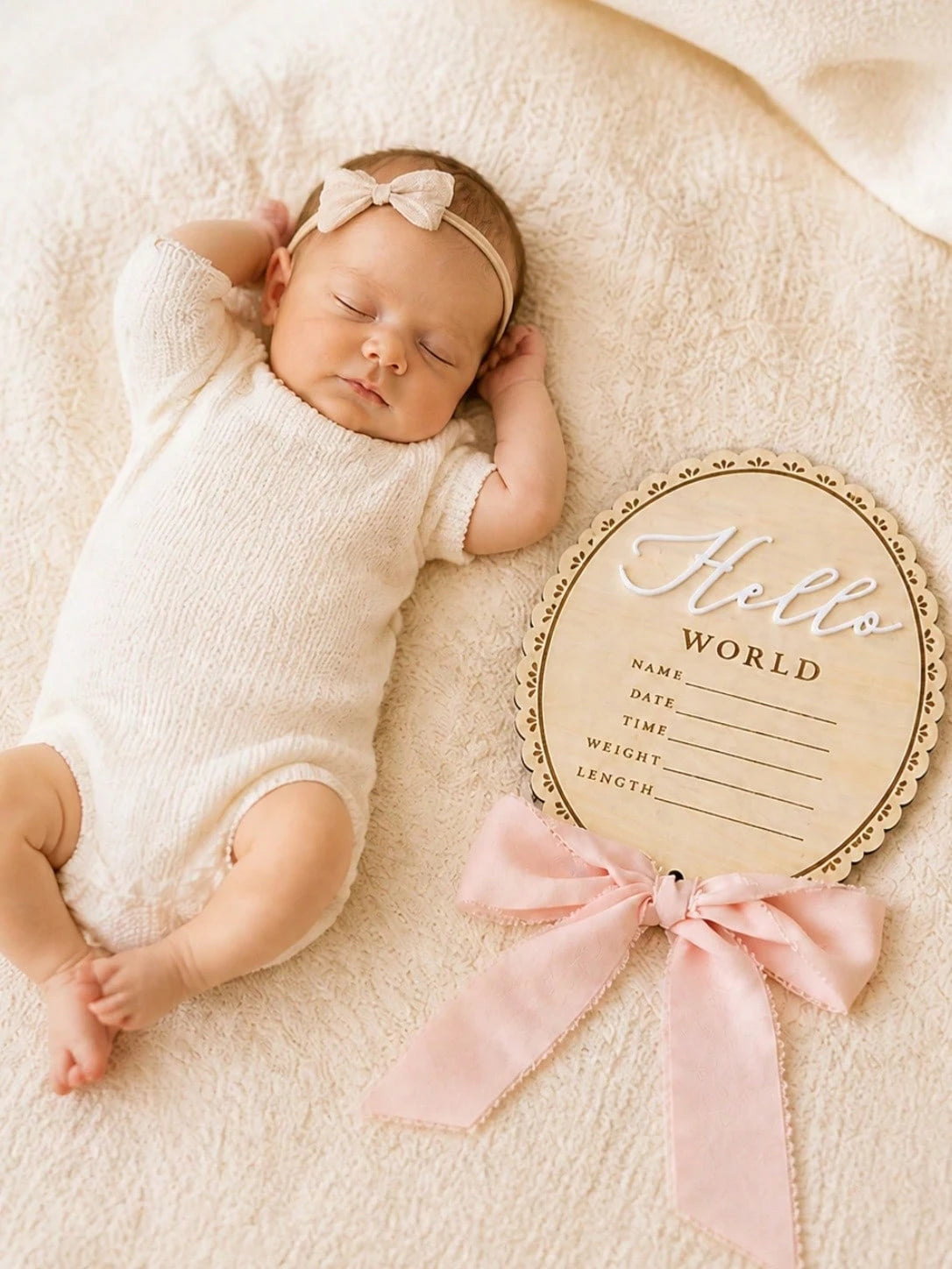 1pc Baby Announcement Sign Wooden Hello World Plaque With Bows Newborn Name Sign Baby Girl&Boy Birth Reveal Gift Baby Essentials Welcome Baby Boy&Girl Baby Photoshoot Pregnancy Essential Baby Accessor