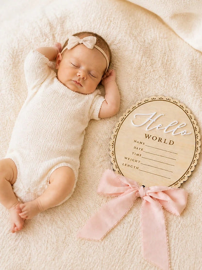 1pc Baby Announcement Sign Wooden Hello World Plaque With Bows Newborn Name Sign Baby Girl&Boy Birth Reveal Gift Baby Essentials Welcome Baby Boy&Girl Baby Photoshoot Pregnancy Essential Baby Accessor