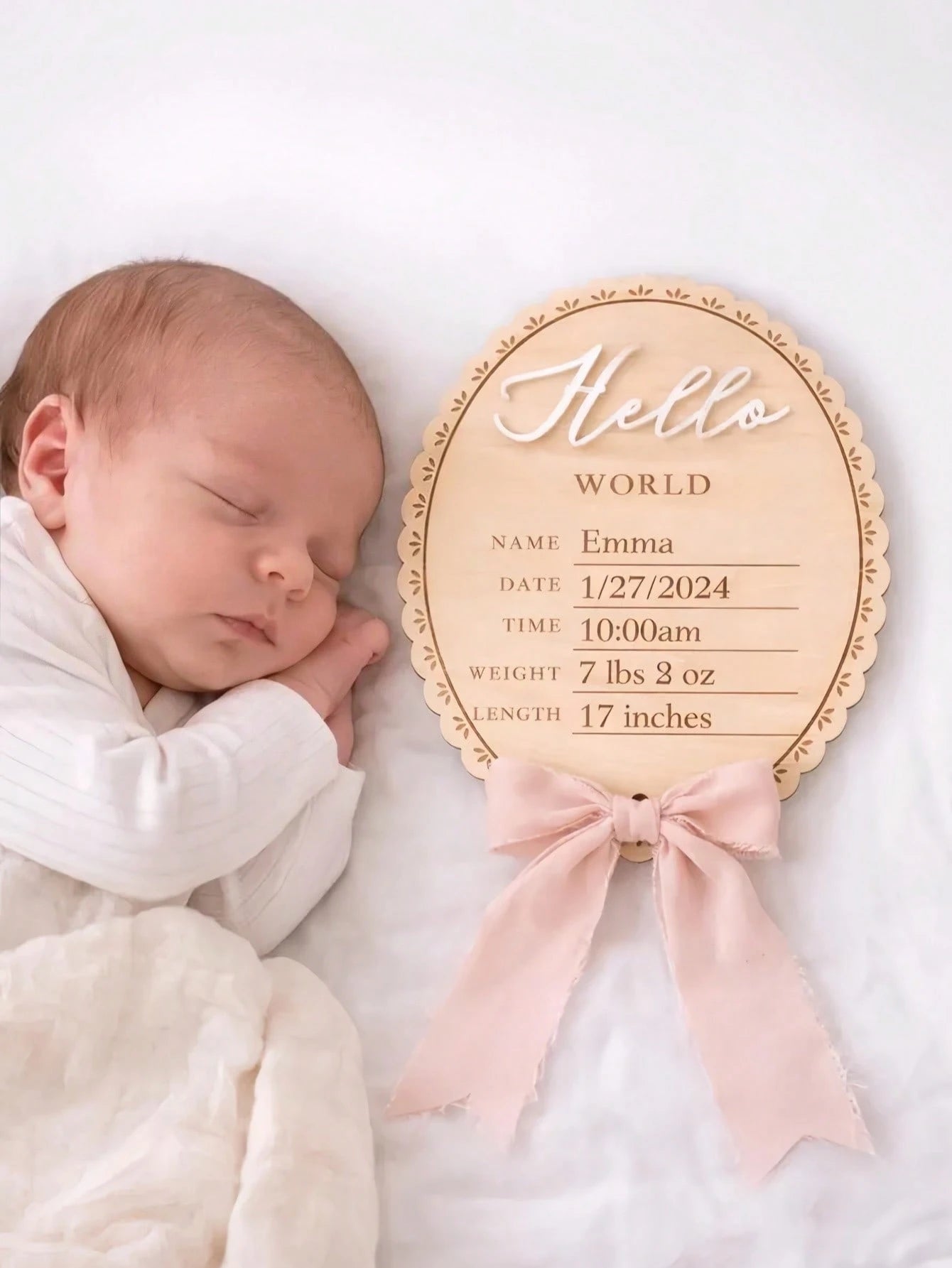 1pc Baby Announcement Sign Wooden Hello World Plaque With Bows Newborn Name Sign Baby Girl&Boy Birth Reveal Gift Baby Essentials Welcome Baby Boy&Girl Baby Photoshoot Pregnancy Essential Baby Accessor
