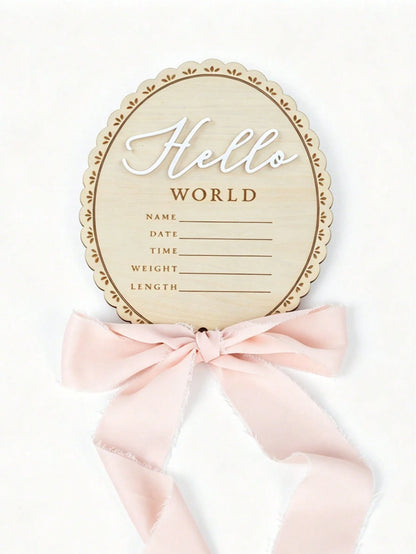 1pc Baby Announcement Sign Wooden Hello World Plaque With Bows Newborn Name Sign Baby Girl&Boy Birth Reveal Gift Baby Essentials Welcome Baby Boy&Girl Baby Photoshoot Pregnancy Essential Baby Accessor