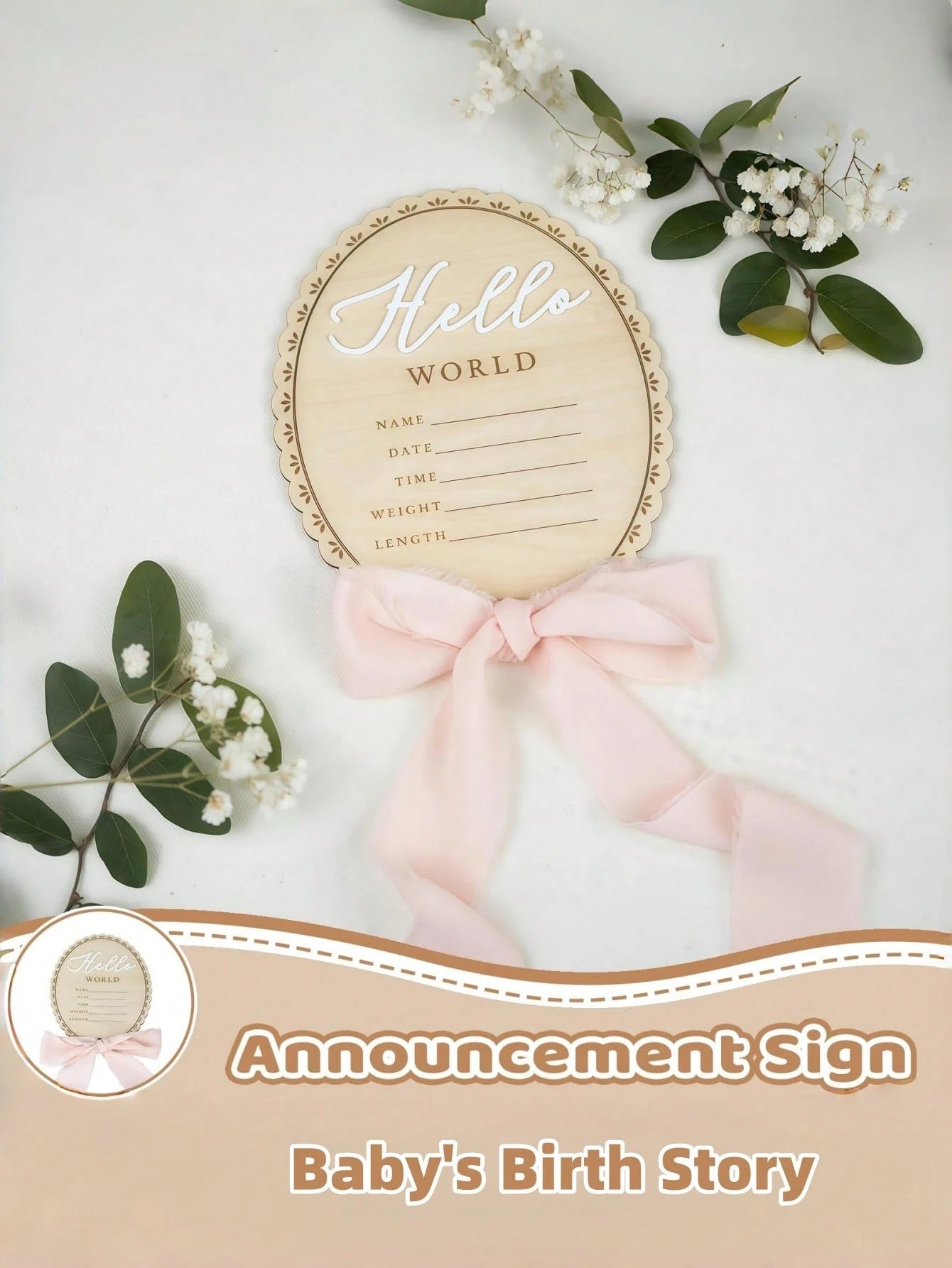 1pc Baby Announcement Sign Wooden Hello World Plaque With Bows Newborn Name Sign Baby Girl&Boy Birth Reveal Gift Baby Essentials Welcome Baby Boy&Girl Baby Photoshoot Pregnancy Essential Baby Accessor