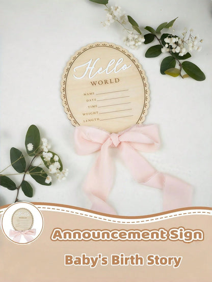 1pc Baby Announcement Sign Wooden Hello World Plaque With Bows Newborn Name Sign Baby Girl&Boy Birth Reveal Gift Baby Essentials Welcome Baby Boy&Girl Baby Photoshoot Pregnancy Essential Baby Accessor