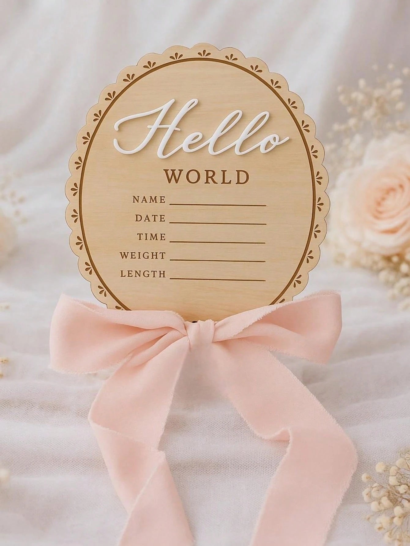 1pc Baby Announcement Sign Wooden Hello World Plaque With Bows Newborn Name Sign Baby Girl&Boy Birth Reveal Gift Baby Essentials Welcome Baby Boy&Girl Baby Photoshoot Pregnancy Essential Baby Accessor