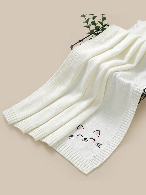1pc Baby Blanket, Newborn Stroller Blanket, Cat Embroidery Knitted Baby Wrap, Baby & Kids Air Conditioning Cover Quilt, All Season