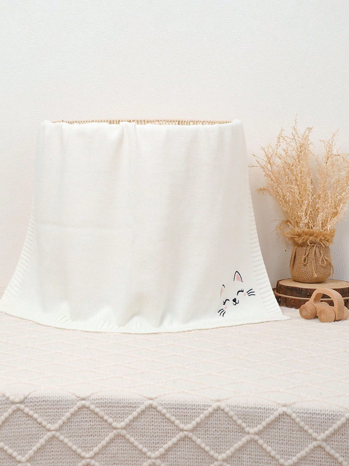 1pc Baby Blanket, Newborn Stroller Blanket, Cat Embroidery Knitted Baby Wrap, Baby & Kids Air Conditioning Cover Quilt, All Season