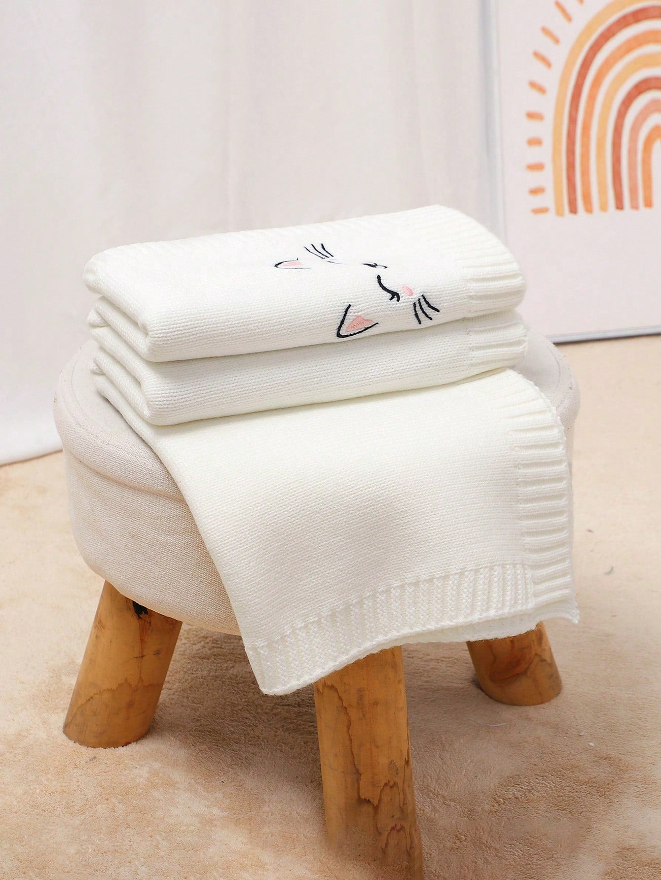 1pc Baby Blanket, Newborn Stroller Blanket, Cat Embroidery Knitted Baby Wrap, Baby & Kids Air Conditioning Cover Quilt, All Season