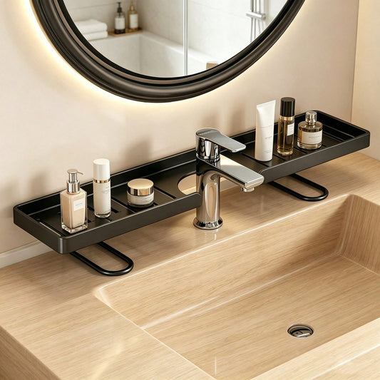 1pc Bathroom Vanity Organizer Rack, Modern Luxury Minimalist Vanity Storage Shelf For Toiletries & Cosmetics, Wider U-Shaped Fits All Faucets, Thick Material, Strong Load Bearing, Durable, Hollow Desi