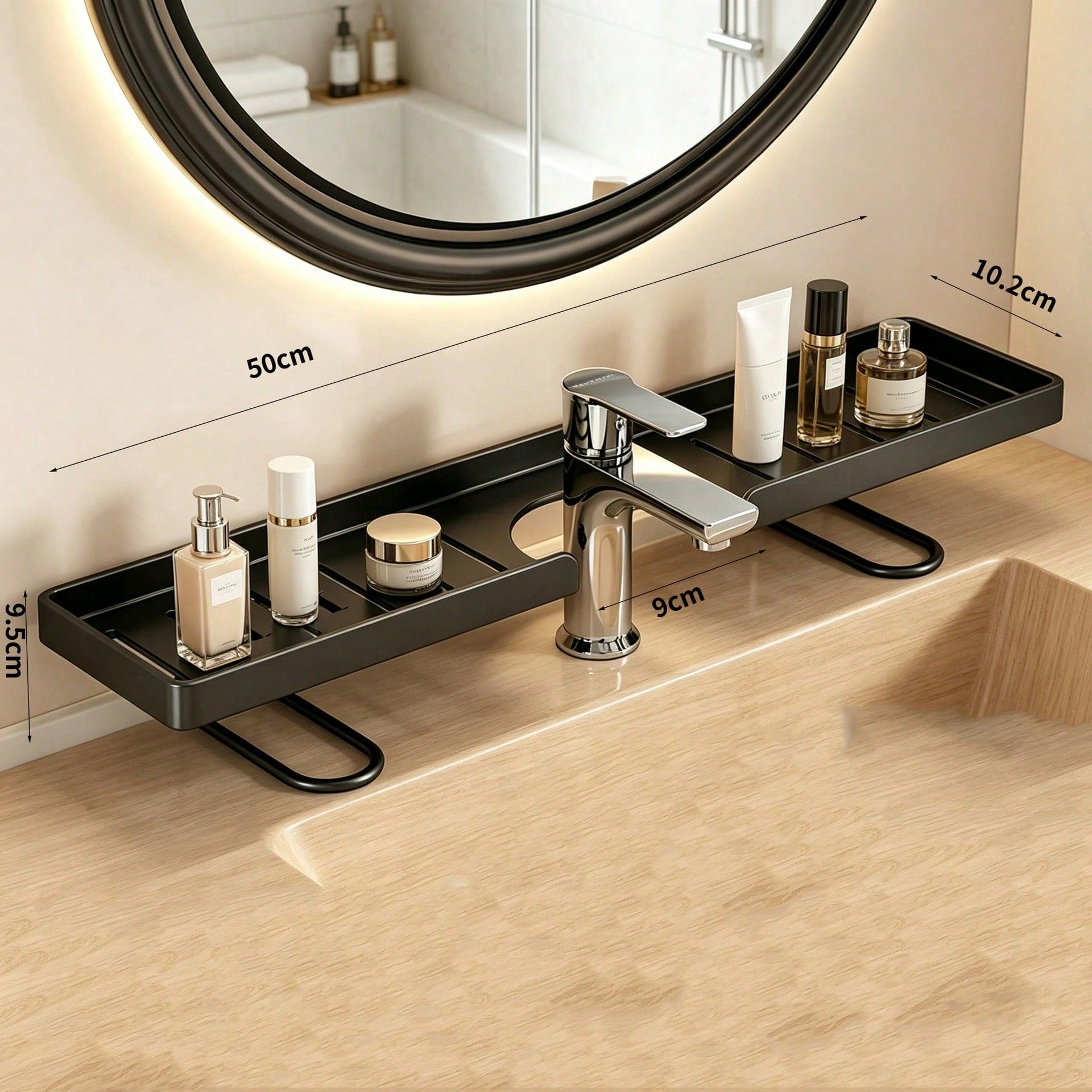 1pc Bathroom Vanity Organizer Rack, Modern Luxury Minimalist Vanity Storage Shelf For Toiletries & Cosmetics, Wider U-Shaped Fits All Faucets, Thick Material, Strong Load Bearing, Durable, Hollow Desi