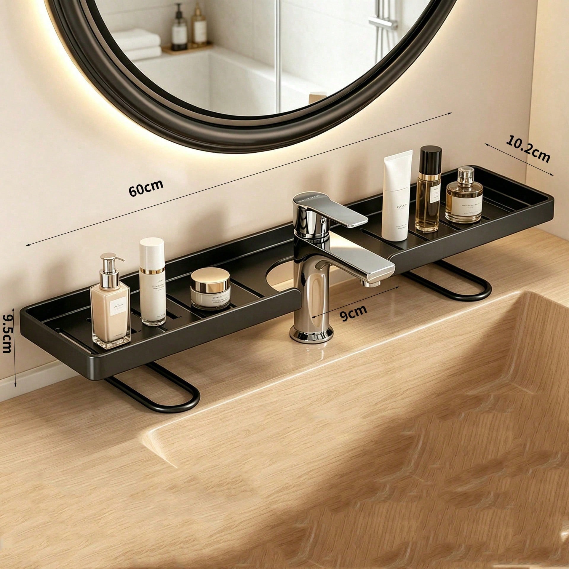 1pc Bathroom Vanity Organizer Rack, Modern Luxury Minimalist Vanity Storage Shelf For Toiletries & Cosmetics, Wider U-Shaped Fits All Faucets, Thick Material, Strong Load Bearing, Durable, Hollow Desi
